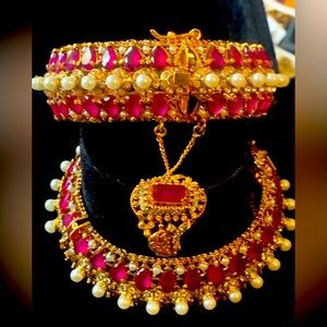 Gold vermeil 925 Ruby and pearl bangle set and matching ruby open ring